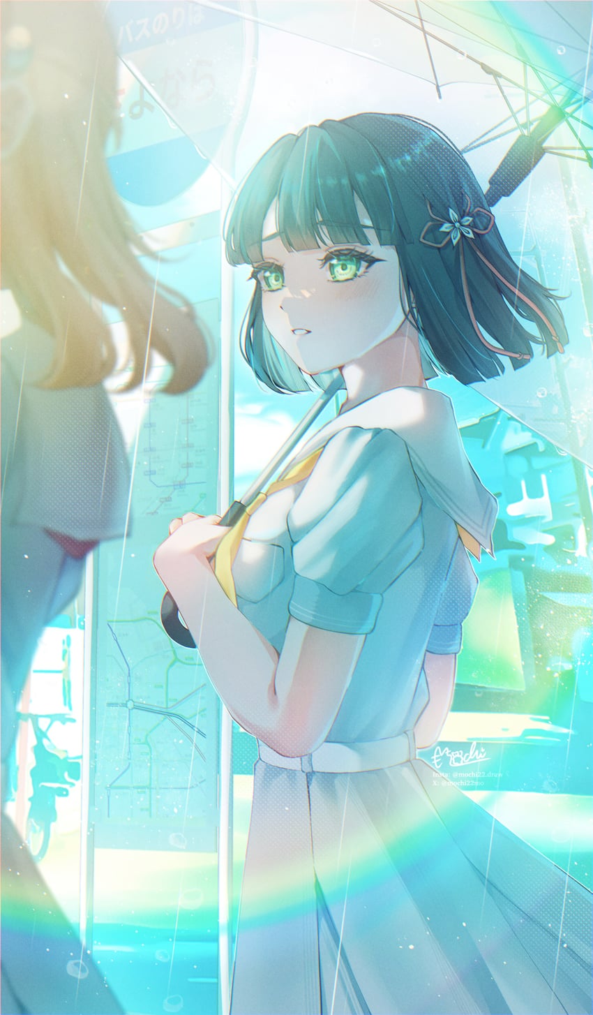 Love Live!、Love Live! 莲之空女学院学园偶像部、百濑银子 2名女孩 黑发 波波头 公交站 绿眼