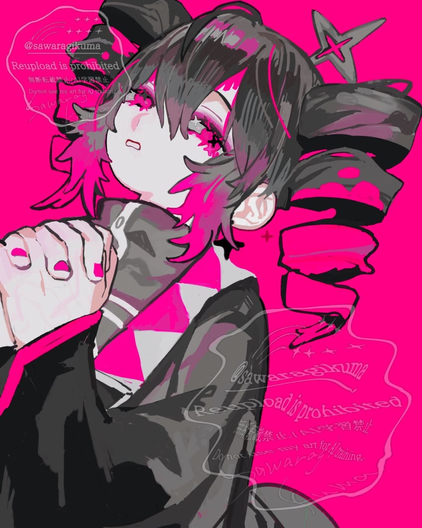 VOCALOID、重音Teto 1名女孩 黑发 黑色长袍 钻头发 发丝垂在眼睛之间