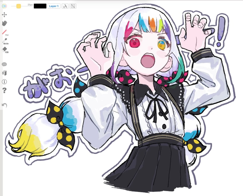 魔法少女的小镇审判、城崎露亚 1名女孩 画框中的绘图软件 黑色裙子 猫爪姿势 有领衬衫