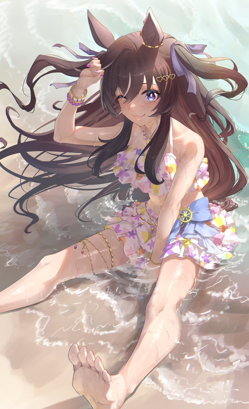 赛马娘、薇薇欧斯 (夏季之光) (赛马娘)、维布罗斯 (赛马娘) 1名女孩 兽耳 露肩 比基尼 脸红