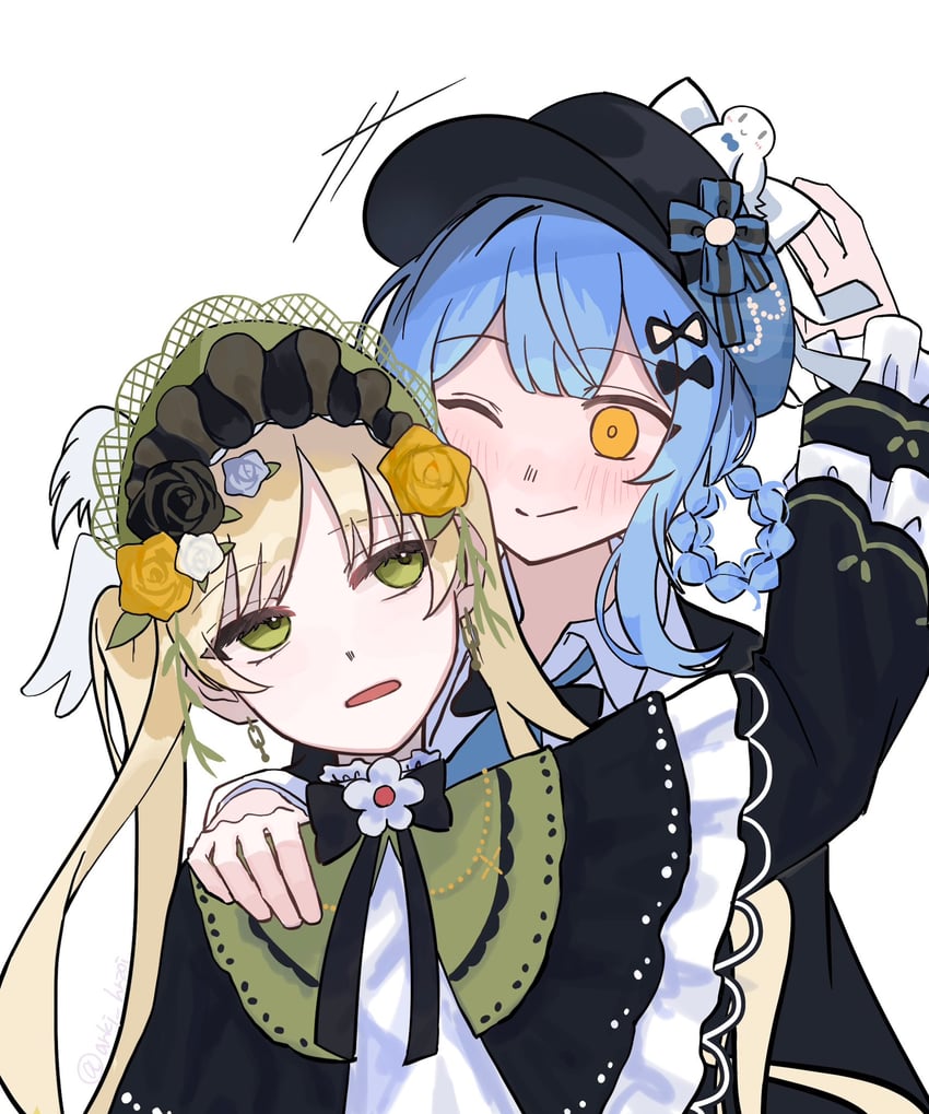 魔法少女的小镇审判、立花雪莉、外能范奈 2名女孩 帽子上的鸟饰 黑色小披肩 黑花 黑帽子