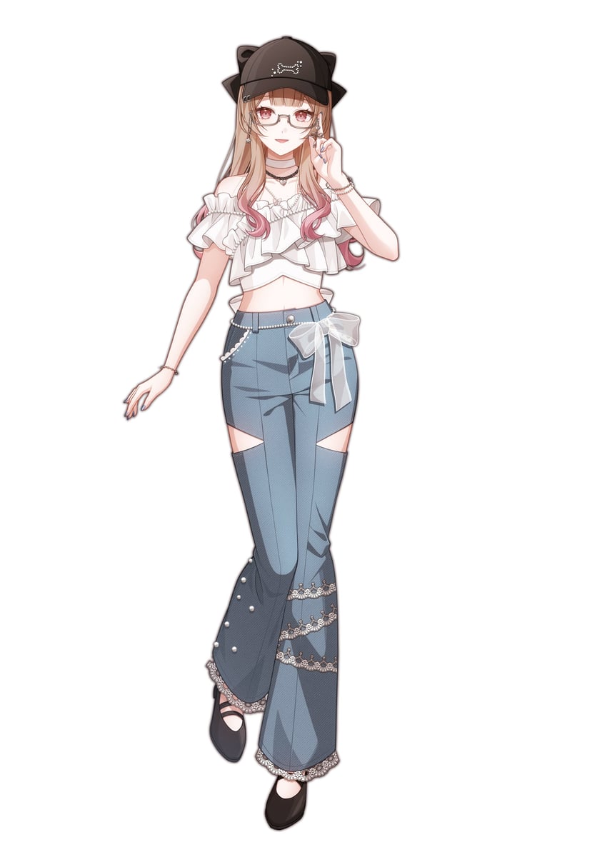 原创 1名女孩 黑帽子 黑鞋 蓝色裤子 棕发