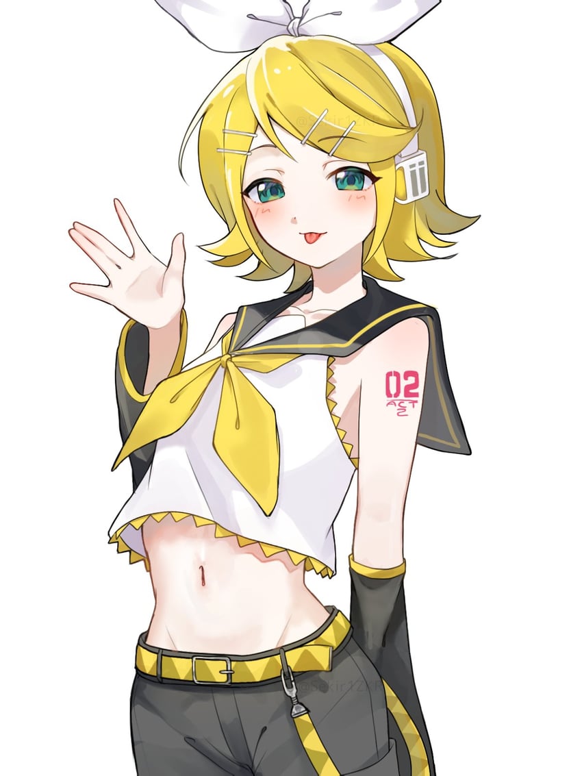 VOCALOID、镜音铃 1名女孩 水色瞳 手放在背后 露肩 腰带