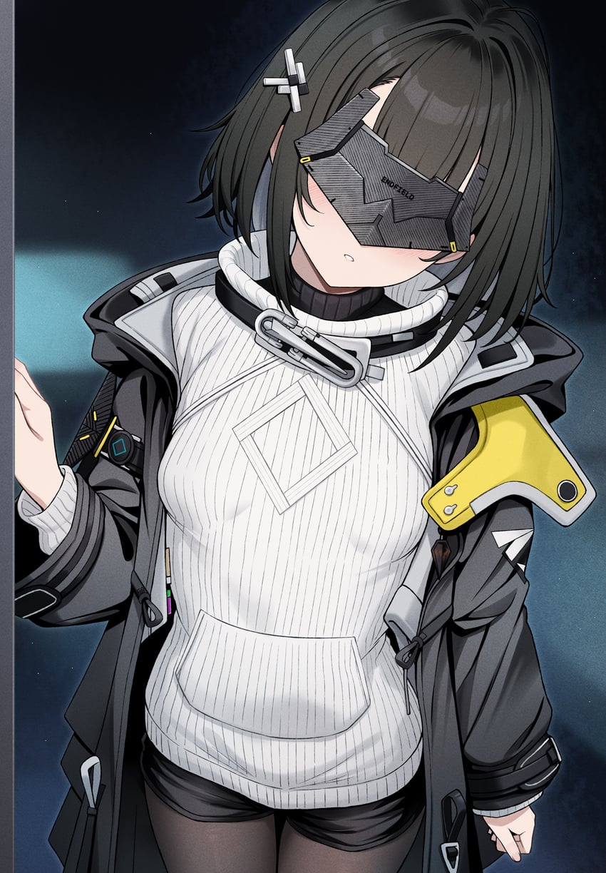 明日方舟、明日方舟：终末地、管理员 (明日方舟) 1名女孩 黑发 黑色夹克 黑色连裤袜 黑色短裤