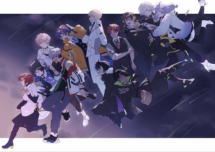 HOLOSTARS、荒咬皇牙、荒咬皇牙 (初始服装) 6个以上男孩 全员 漂浮 脚部不在画面内 侧视
