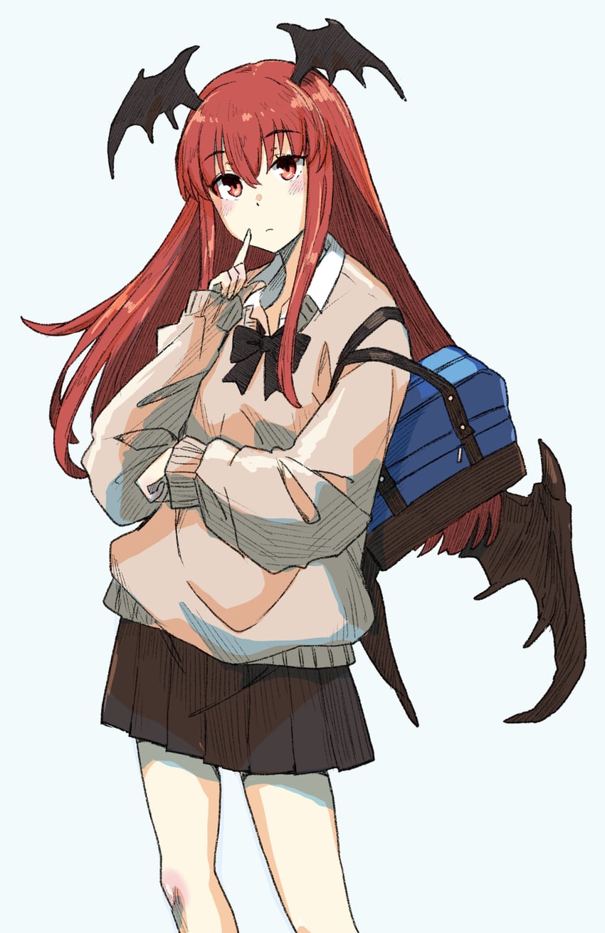 东方Project、小恶魔 1名女孩 包 蓝色背景 蓝色包包 脸红