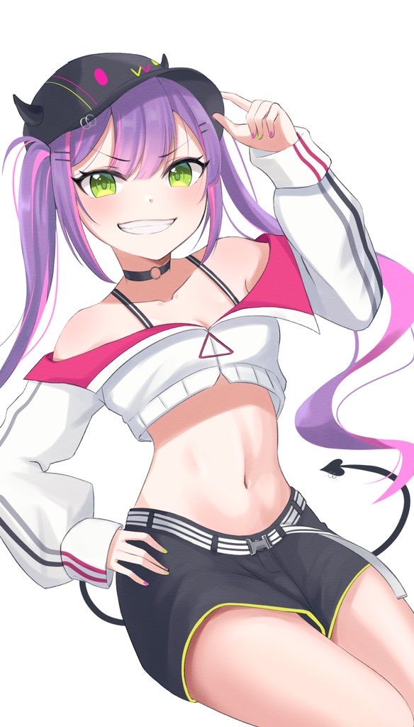 Hololive、Bibi (常暗永远的随从)、常暗永远 1名女孩 露肩 棒球帽 黑色项圈 黑色短裤