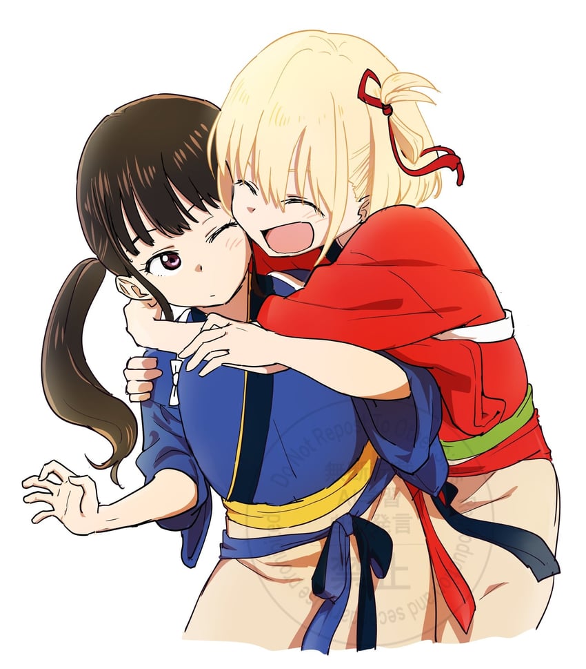莉可丽丝、井之上泷奈、锦木千束 2名女孩 黑发 金发 蓝色和服 脸红
