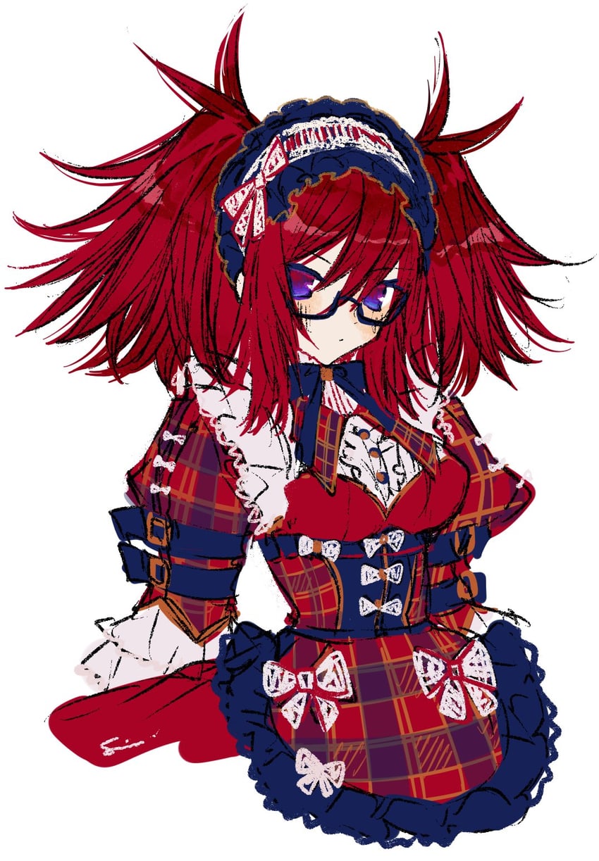 原创 1名女孩 腰带 蓝眼 格纹衣服 连衣裙