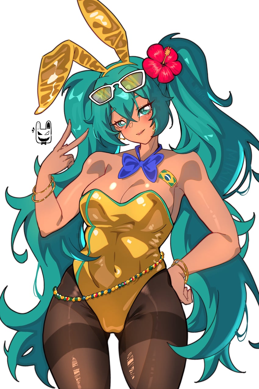 VOCALOID、巴西初音、初音未来 1名女孩 兽耳发箍 兽耳 水色发 露肩