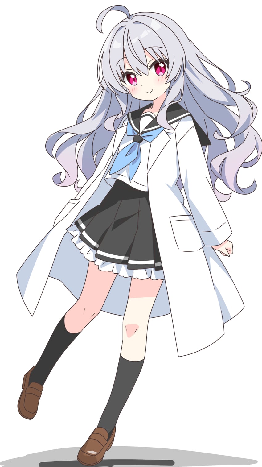 原创、白大褂女孩 (被炉魔族) 1名女孩 呆毛 手放在身体两侧 黑色水手领 黑色裙子