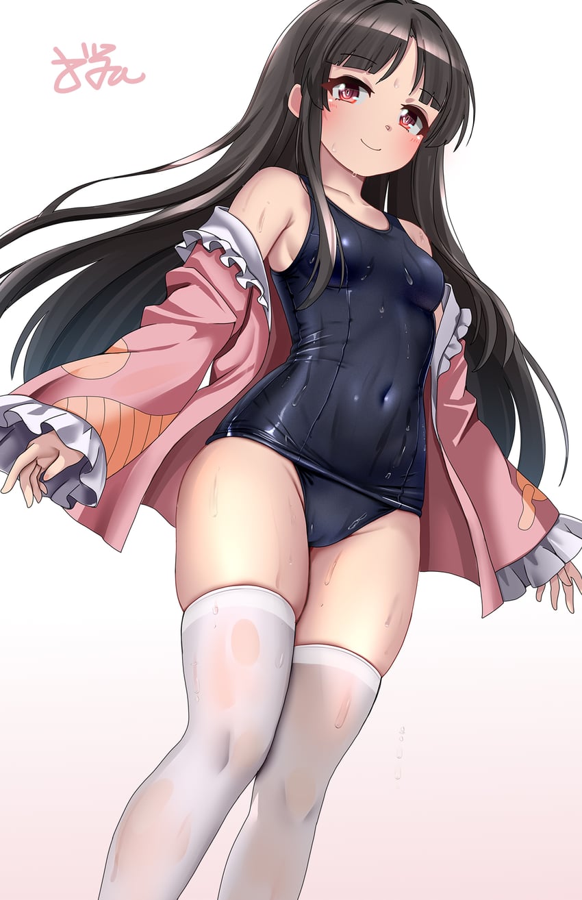东方Project、蓬莱山辉夜 1名女孩 黑发 黑色连体泳衣 乳房 闭嘴