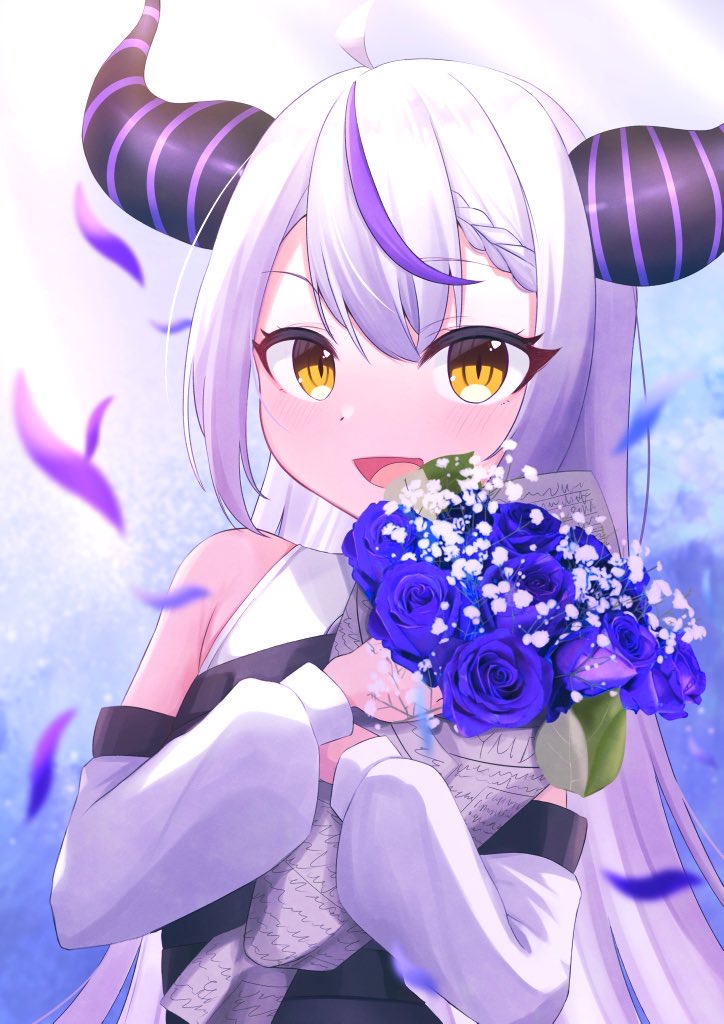 Hololive、拉普拉斯·达克尼斯 1名女孩 呆毛 黑衬衫 蓝色背景 脸红
