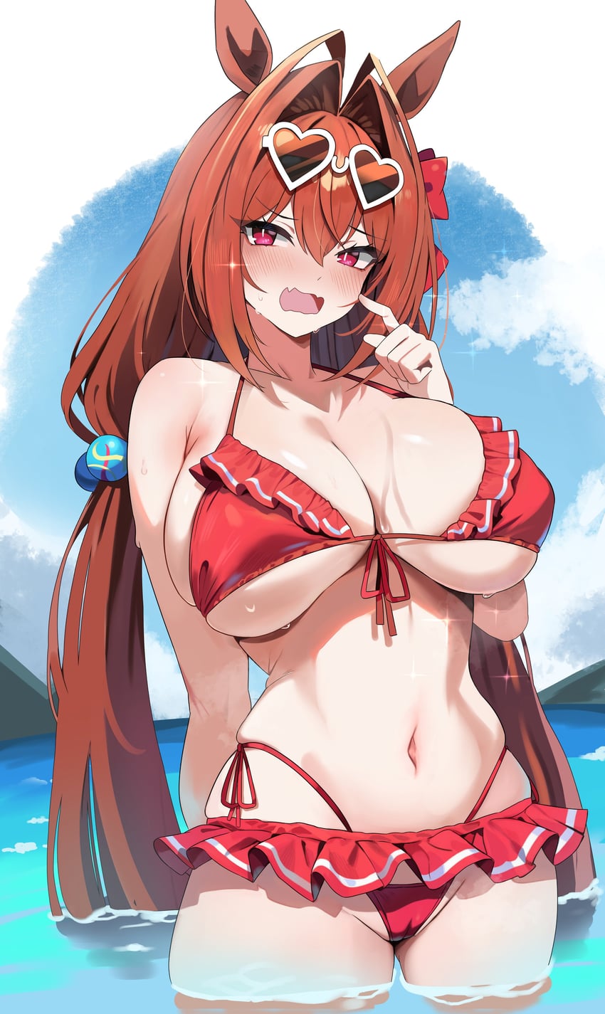 赛马娘、大和赤骥 (迷你假期) (赛马娘)、大和赤骥 (赛马娘) 1名女孩 兽耳 露肩 比基尼 比基尼裙