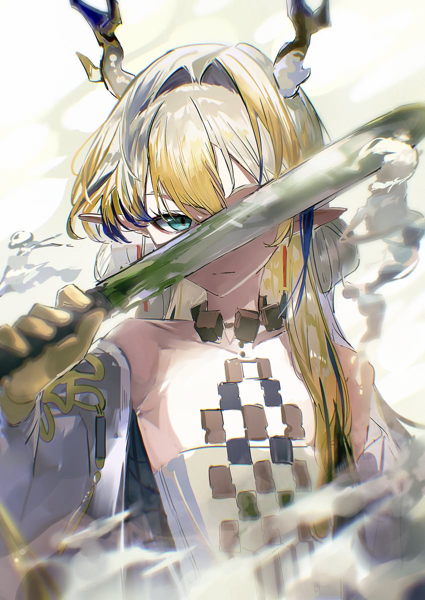 明日方舟、黍 (明日方舟) 1名女孩 露肩 金发 蓝眼 蓝发