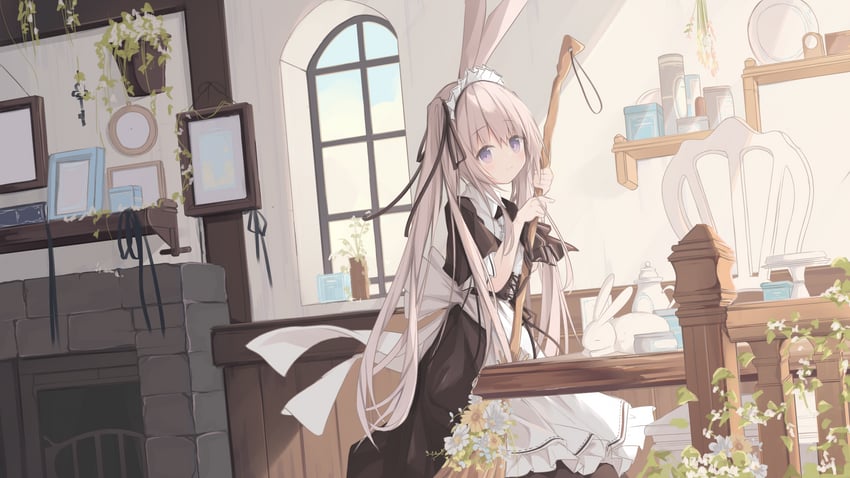 原创 1名女孩 动物 围裙 黑色连衣裙 蓝天