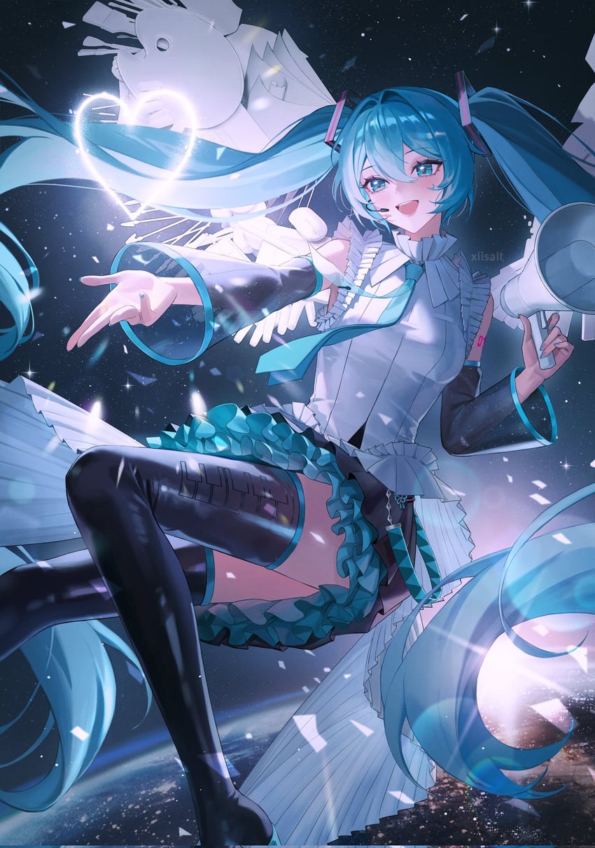 VOCALOID、初音未来 1名女孩 水色瞳 水色发 水蓝色指甲 水蓝色领带