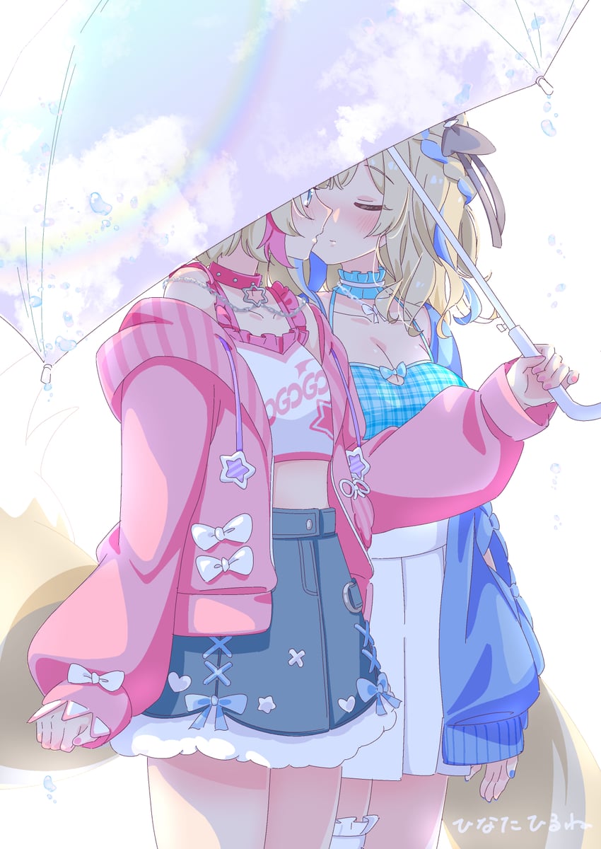 Hololive、Hololive英语、芙华瓦·阿比斯嘉德 2名女孩 露肩 金发 蓝色针织衫 蓝眼