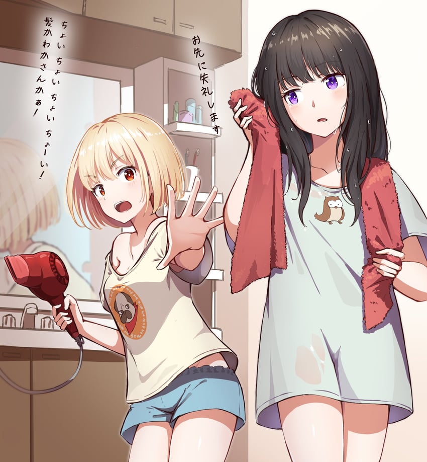 莉可丽丝、井之上泷奈、锦木千束 2名女孩 替换服装 不同发型 动物花纹 水蓝色衬衫