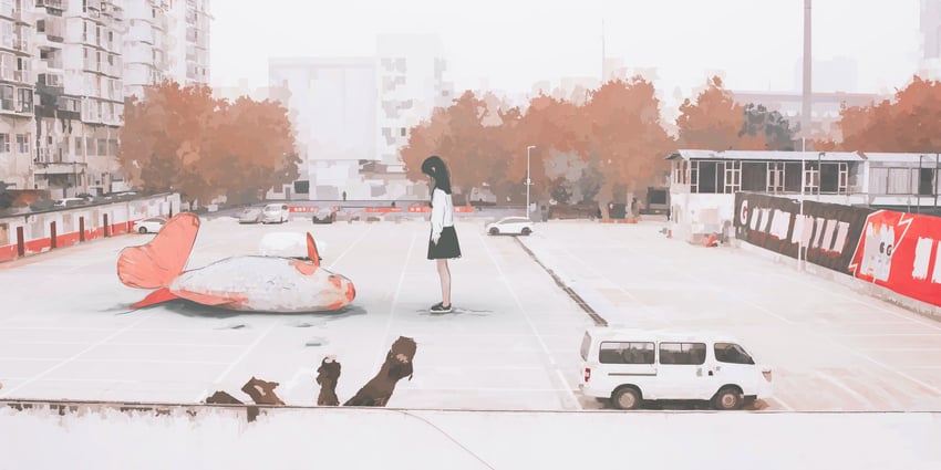 原创 1名女孩 动物 手臂放在侧边 秋天 红叶