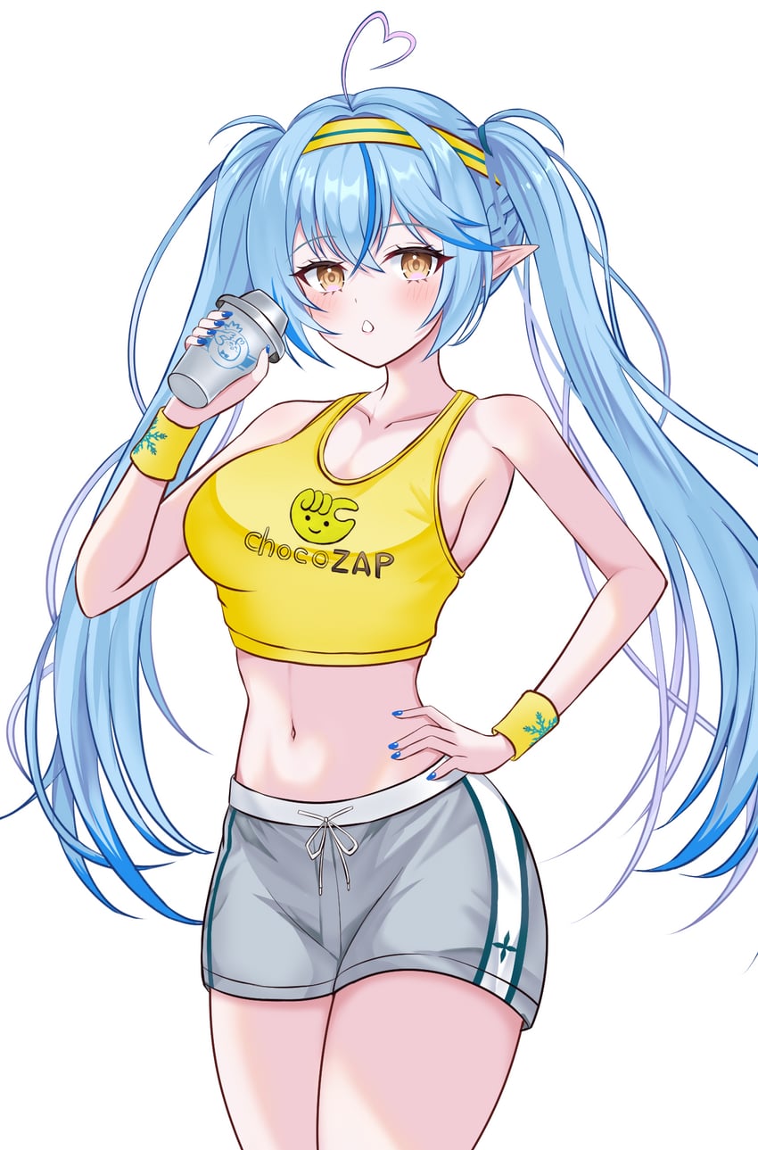Hololive、雪花拉米 1名女孩 呆毛 露肩 蓝发 乳房