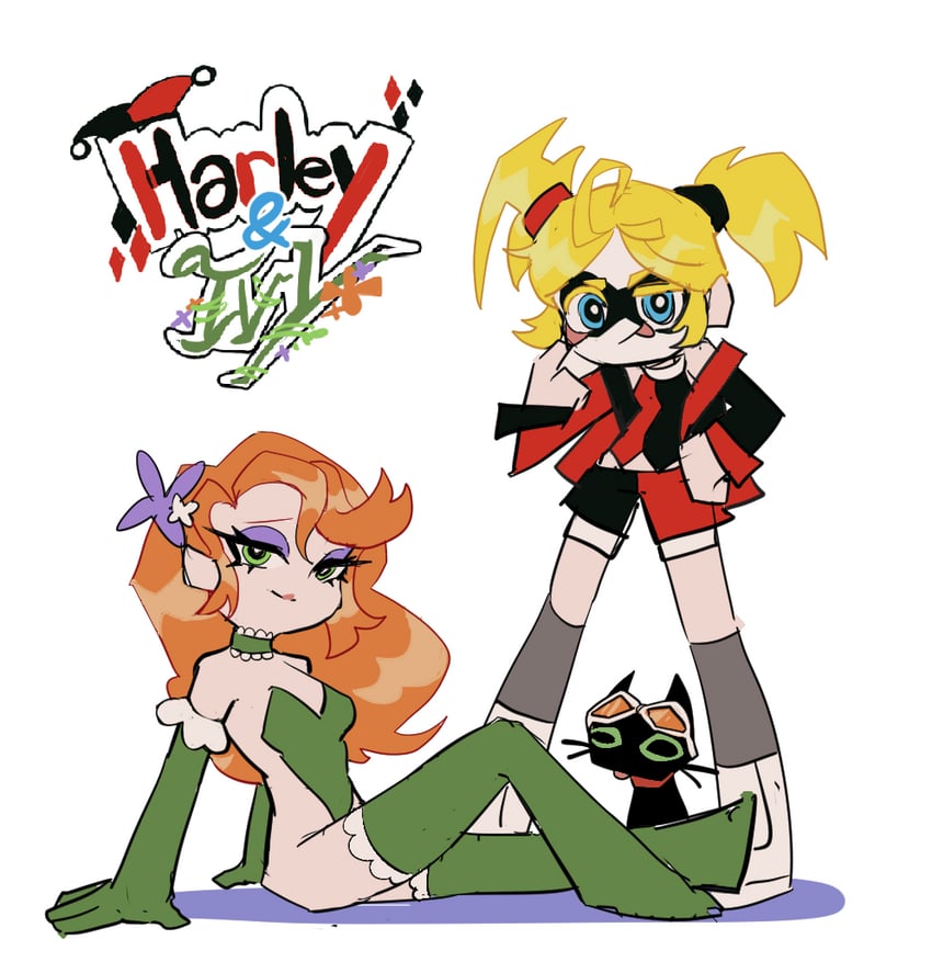 DC漫画、吊带袜天使、哈莉·奎茵 2名女孩 吐舌头翻眼皮 手臂支撑 黑猫 金发