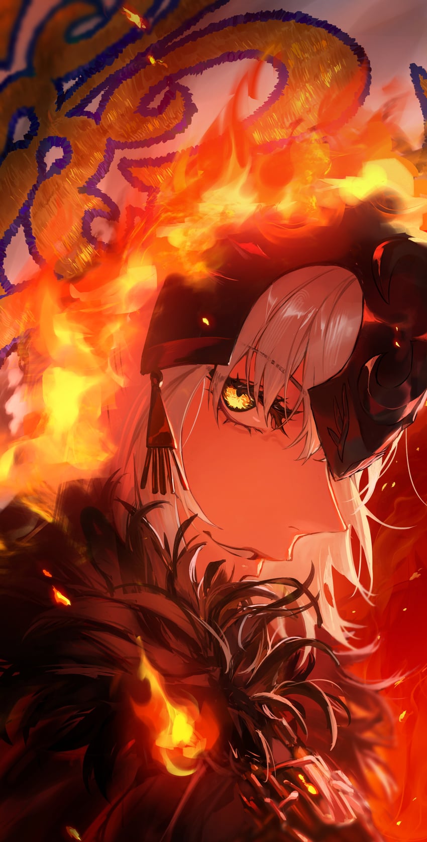 Fate/Grand Order、Fate系列、黑贞德 1名女孩 锁链 火 旗帜 毛边