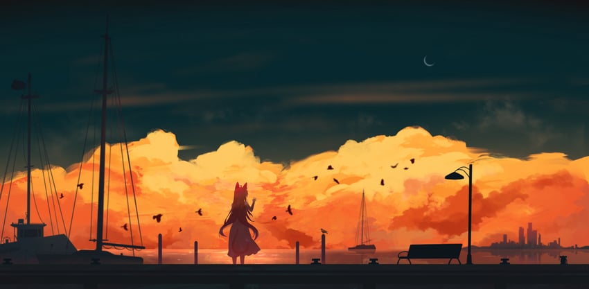 原创 1名女孩 呆毛 兽耳 长椅 黑色天空