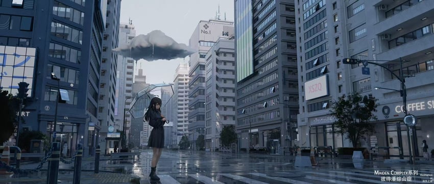 原创 1名女孩 3D 呆毛 黑发 黑衬衫