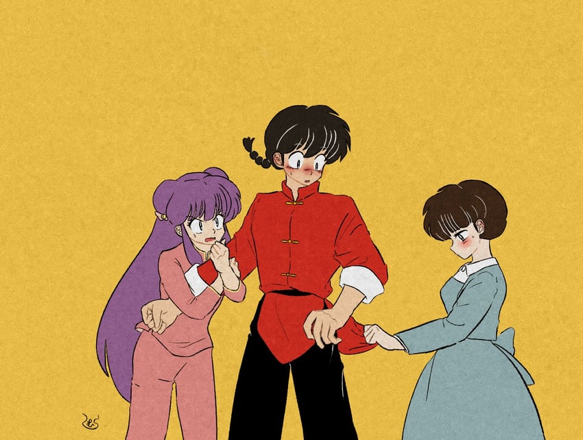 乱马1/2、早乙女乱马、早乙女乱马 (男) 1名男孩 2名女孩 抱住手臂 黑瞳 黑发