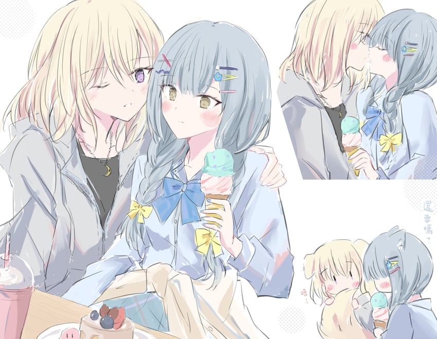 BanG Dream!、Bang Dream! It's MyGO!!!!!、三角初华 2名女孩 兽耳 金发 蓝发 蓝色衬衫