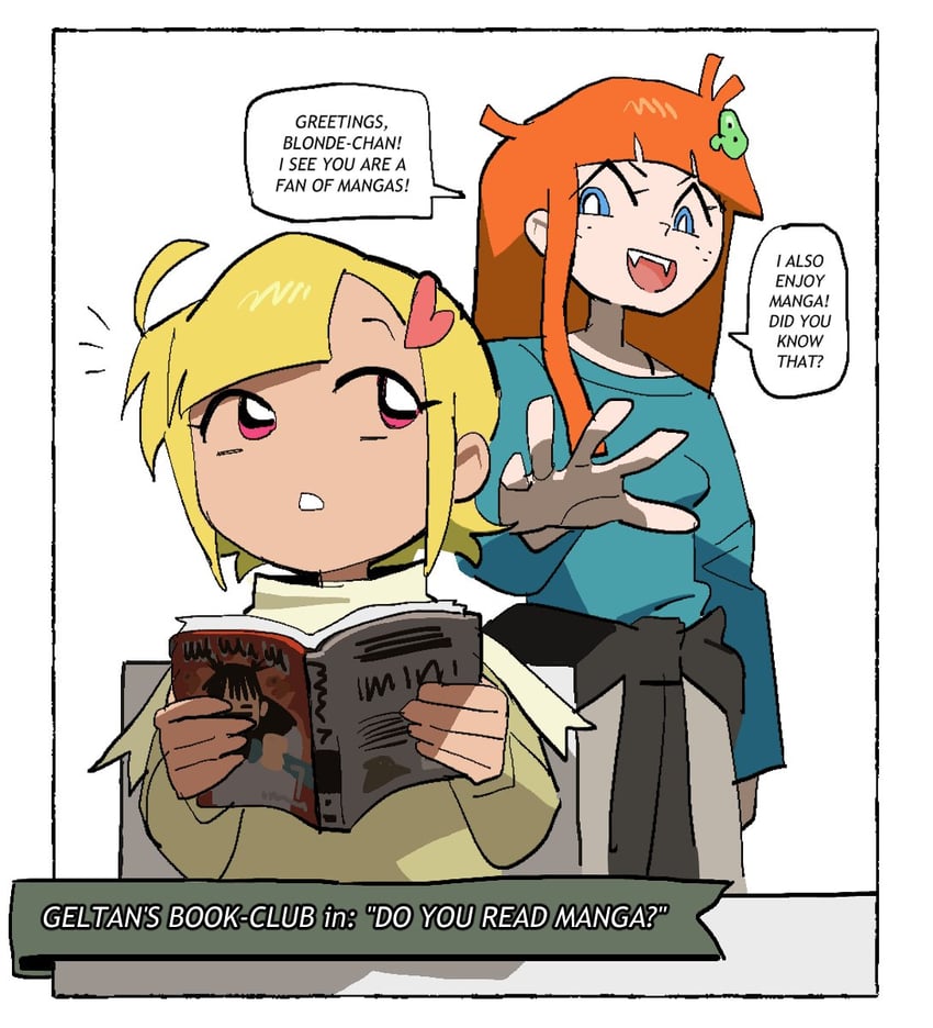 untitled book club comic、blonde (untitled book club comic)、geltan (untitled book club comic) 2名女孩 金发 蓝眼 蓝色衬衫 书