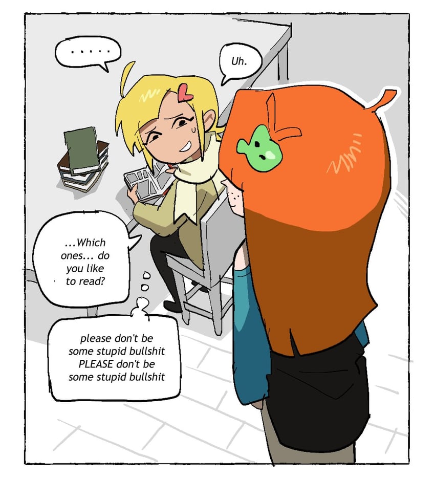 untitled book club comic、blonde (untitled book club comic)、geltan (untitled book club comic) 2名女孩 金发 蓝色衬衫 书 椅子