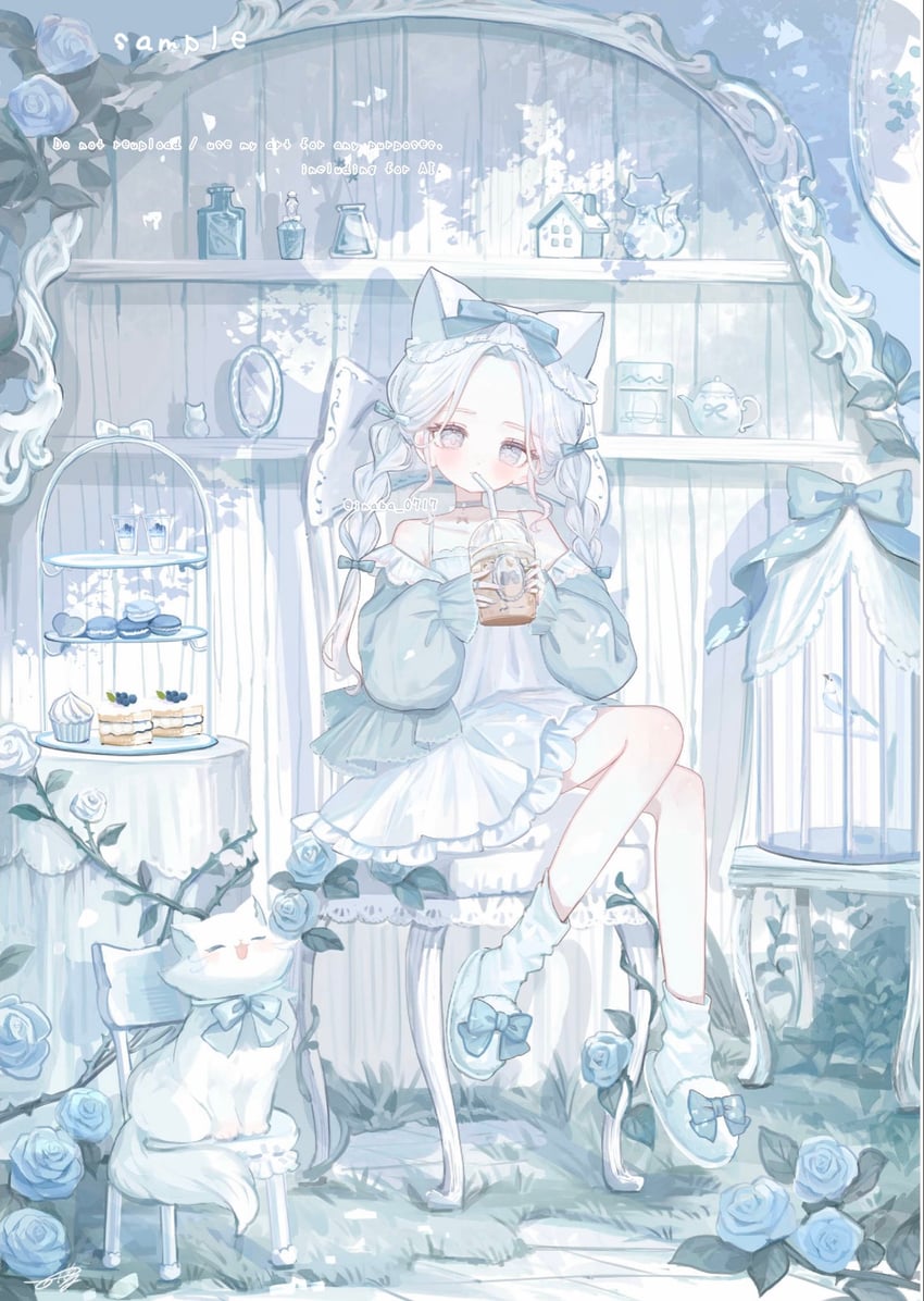 原创 1名女孩 动物 兽耳 露肩 鸟