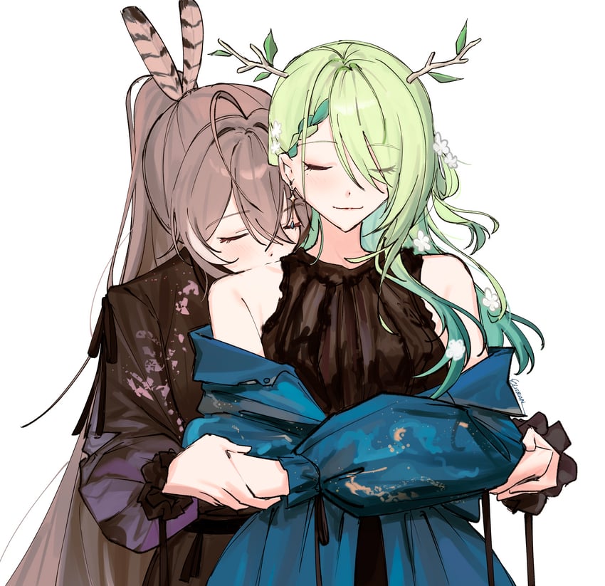 Hololive、Hololive英语、希瑞斯·法那 2名女孩 鹿角 露肩 黑色连衣裙 乳房
