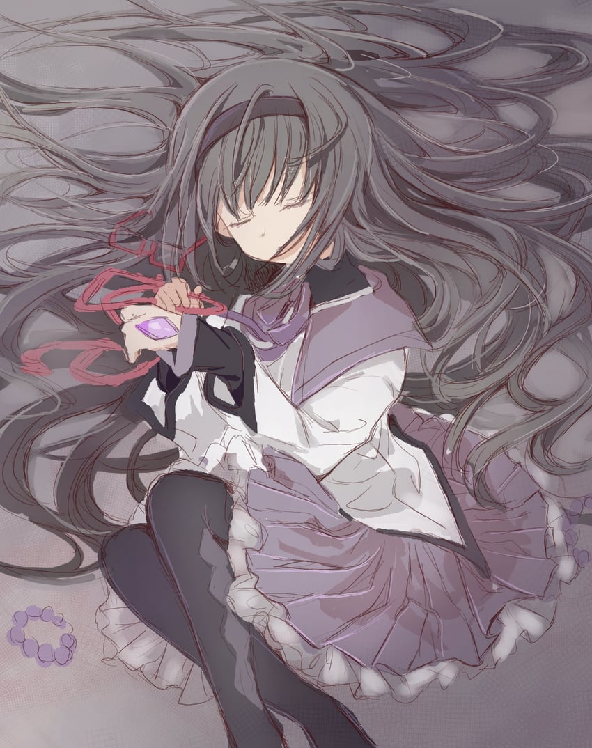 魔法少女小圆、魔法少女小圆、晓美焰 1名女孩 菱格纹衣服 菱形格纹裤袜 黑发 黑色发带