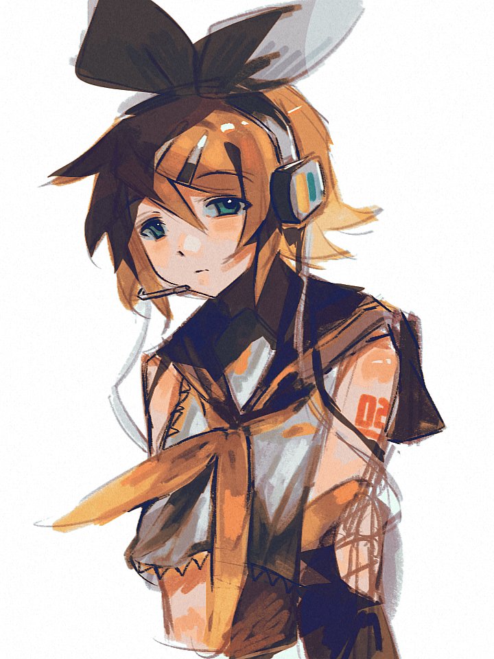 VOCALOID、镜音铃 1名女孩 露肩 黑色水手领 金发 蝴蝶结发带