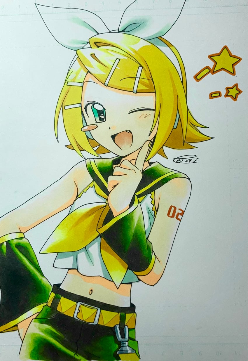 VOCALOID、镜音铃 1名女孩 水色瞳 露肩 腰带 黑色短裤
