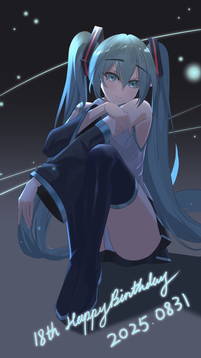 VOCALOID、初音未来 1名女孩 水色瞳 水色发 手臂搭在膝盖上 露肩
