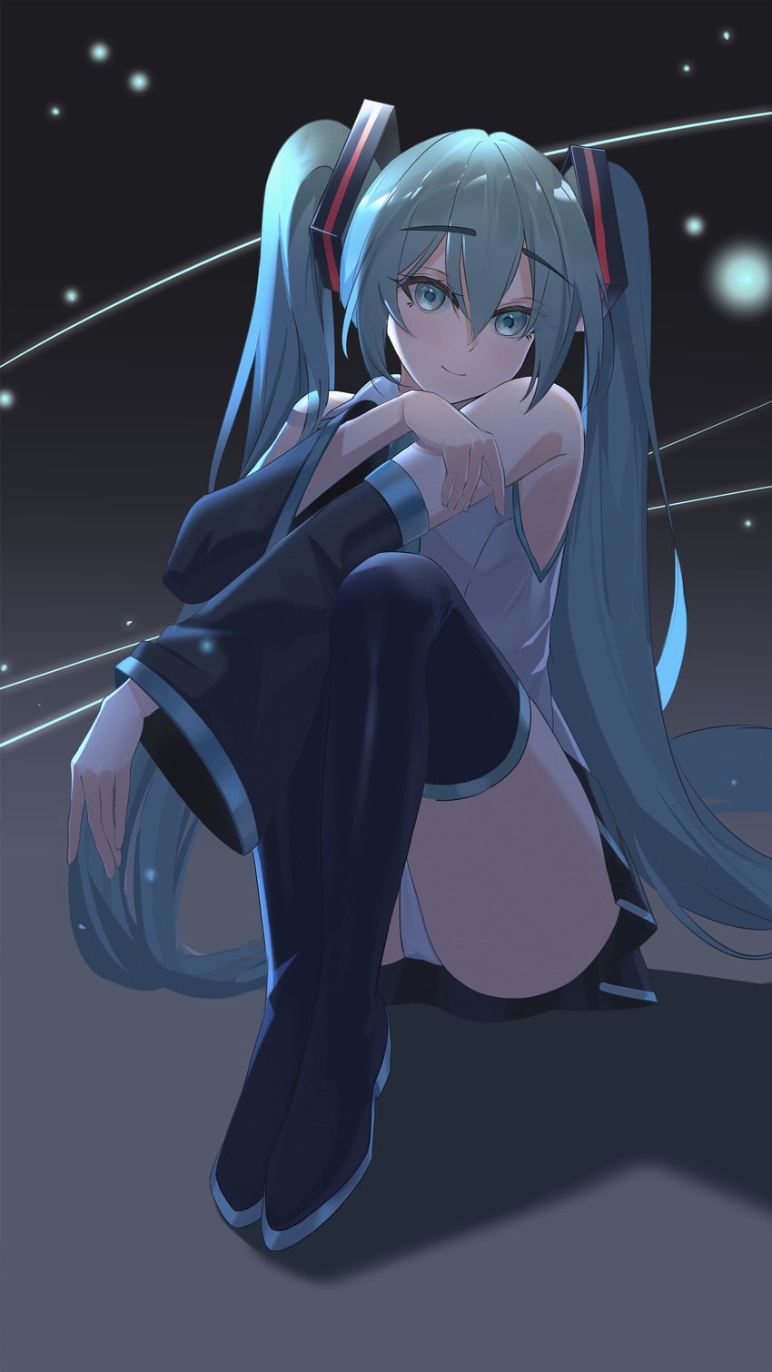 VOCALOID、初音未来 1名女孩 水色瞳 水色发 手臂搭在膝盖上 露肩