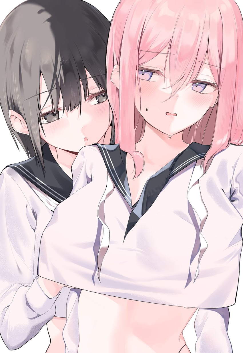 原创 2名女孩 黑瞳 黑发 黑色水手领 脸红