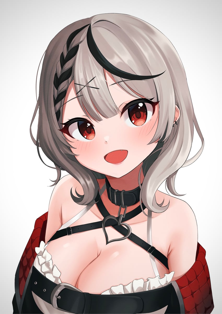 Hololive、沙花叉克萝耶、沙花叉库洛艾(第一套服装) 1名女孩 腋窝褶皱 露肩 黑领 黑条纹/黑挑染