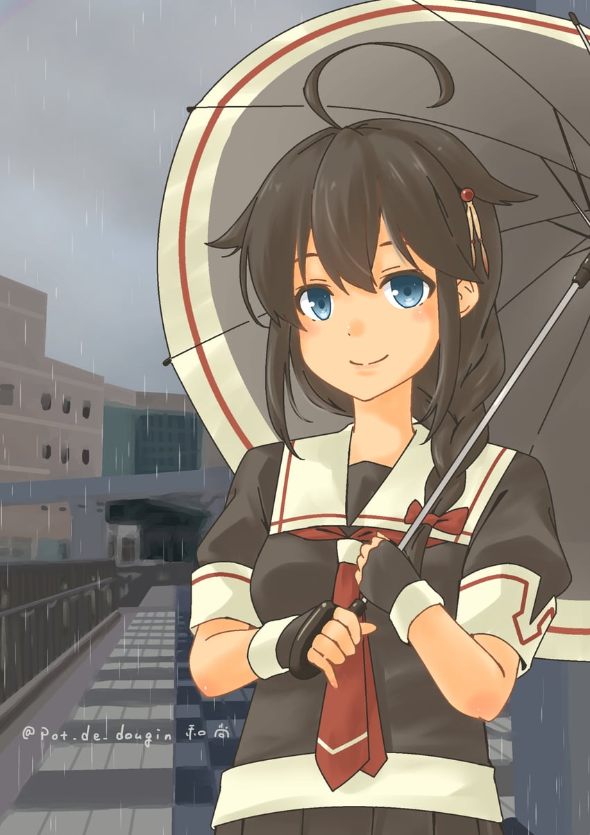 舰队Collection、时雨、时雨改二 1名女孩 呆毛 黑发 黑色水手服 黑衬衫