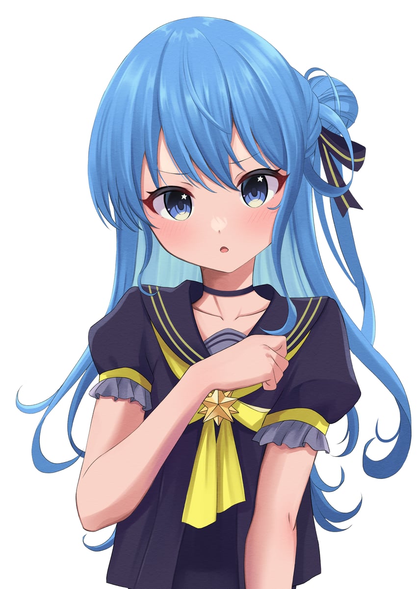 Hololive、星街彗星、星街彗星 (水手服) 1名女孩 黑色项圈 黑色丝带 黑衬衫 蓝眼