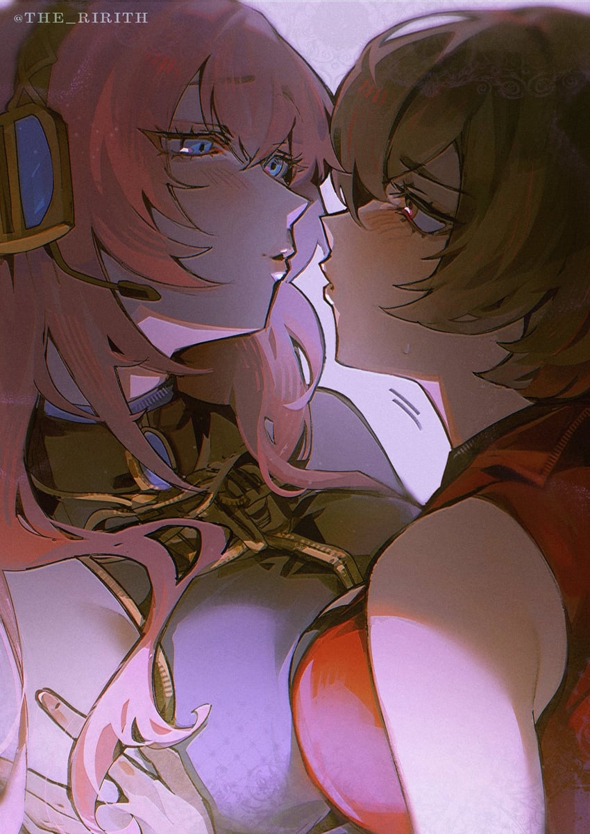VOCALOID、巡音流歌、MEIKO 2名女孩 露肩 黑衬衫 蓝眼 脸红