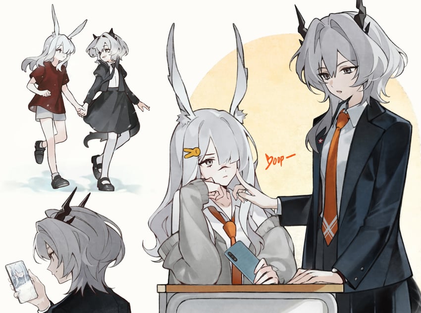 明日方舟、霜星 (明日方舟)、塔露拉 (明日方舟) 2名女孩 幼化 发型长度变动 (更长) 平行宇宙 兽耳毛