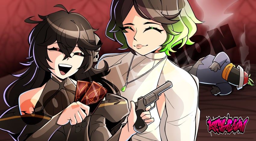 个人势虚拟主播、Grimmi (通灵者) (Vtuber)、格里米 (VTuber) 1个其他角色 2名女孩 呆毛 黑色大衣 黑发