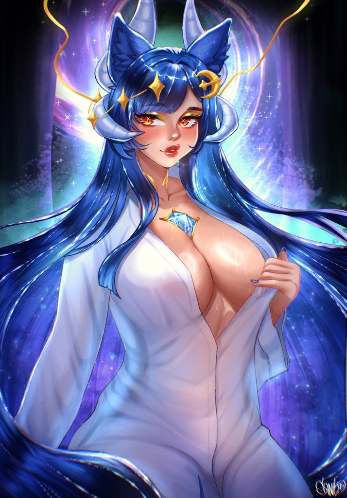 个人势虚拟主播、维也纳 (第四套服装，VTuber)、Vienna (VTuber) 1名女孩 蓝发 乳房 胸口宝石 乳沟