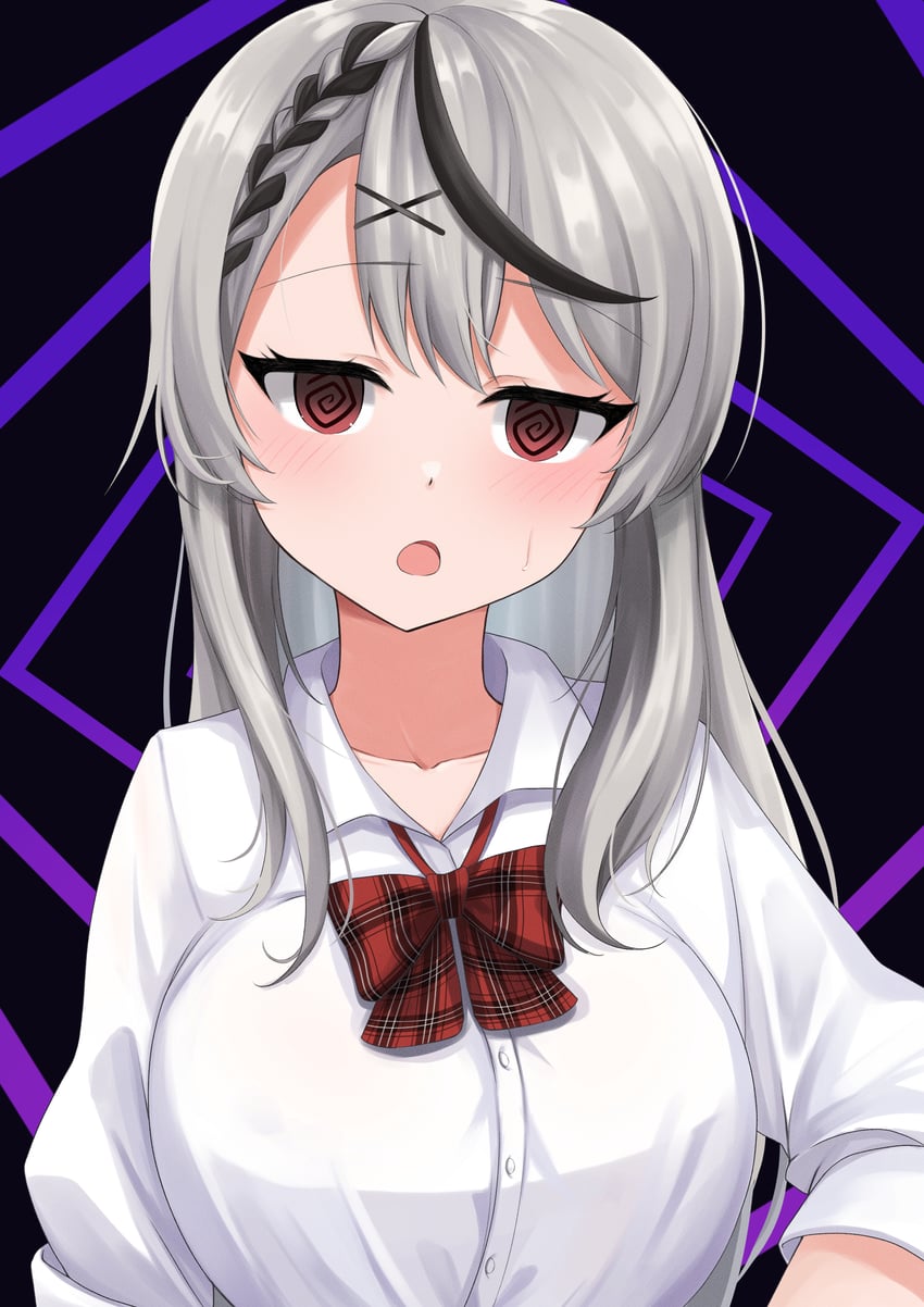 Hololive、沙花叉克萝耶 1名女孩 @_@ 黑色背景 黑条纹/黑挑染 脸红