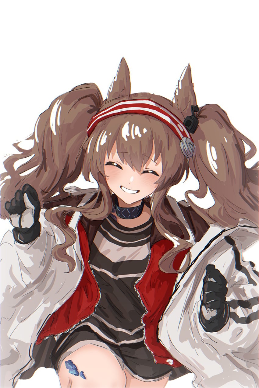 明日方舟、安洁莉娜 (明日方舟) 1名女孩 兽耳 黑领 黑色手套 黑衬衫